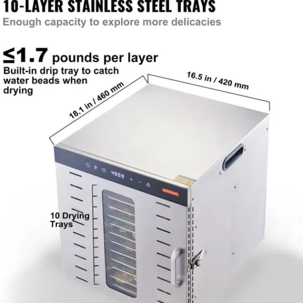 Dehydratorer>10 bakker mad dehydrator i rustfrit stål, 1000W til jerky og frugt tørring. Effektiv og holdbar!