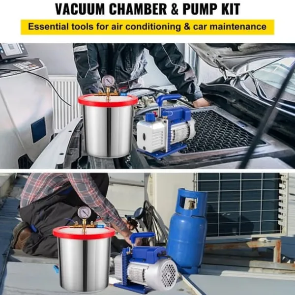 Vakuumpakkere>4 Cfm 1/4 hk klimaanlæg vakuumpumpe med 3 gallons vakuumkammer til effektiv køling og højeffektivt arbejde.