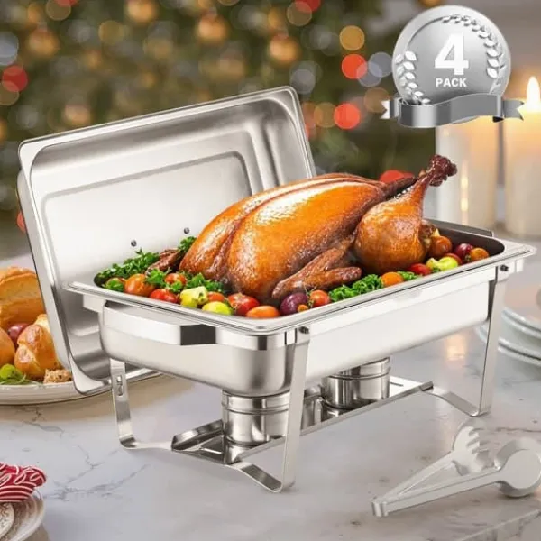 8 Qt Gnidningsfad i Rustfrit Stål, 4-Pak Buffetsæt, Fuld Størrelse Rektangel Pande Outlet