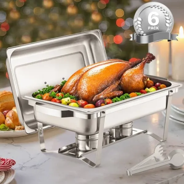 8 Qt Varmefad Buffetsæt, 6-pak Rektangulær, Fuld Størrelse Pande i Rustfrit Stål Sale