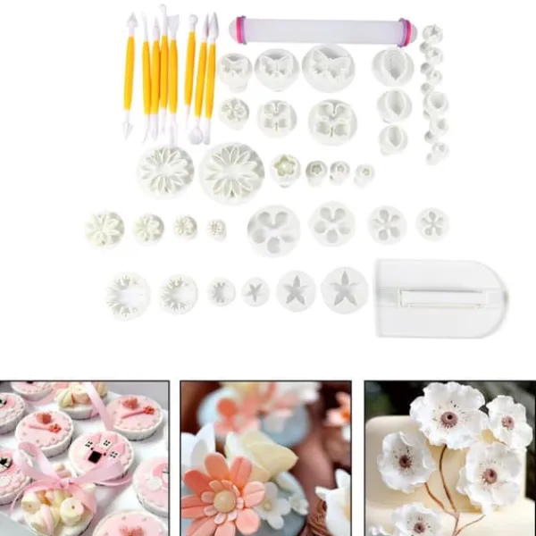 46 stk. blomsterfondant kage sukkerhåndværk dekorationssæt udstikkere værktøj forme sæt Sale