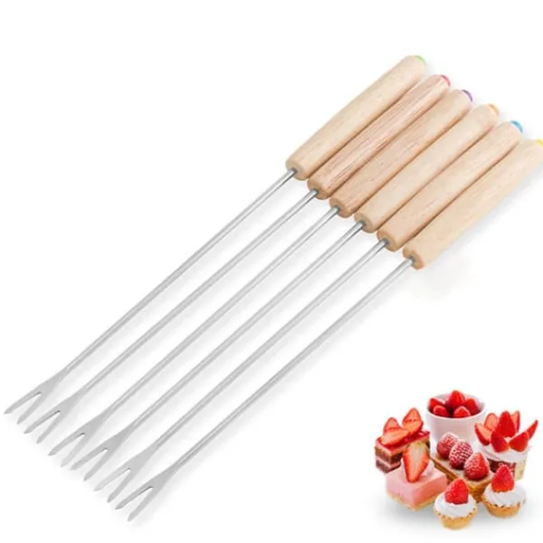 Fonduesæt>6 stk fondue gaffel multifunktionel rustfrit stål træhåndtag fondue gaffel til frugt ost Fondue chokolade springvand