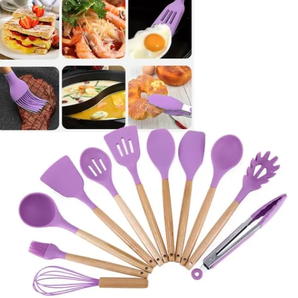 Køkkenudstyrssæt>12 stk. husholdnings silikone køkkenredskabssæt nonstick madlavningsspatel skeer værktøj lilla