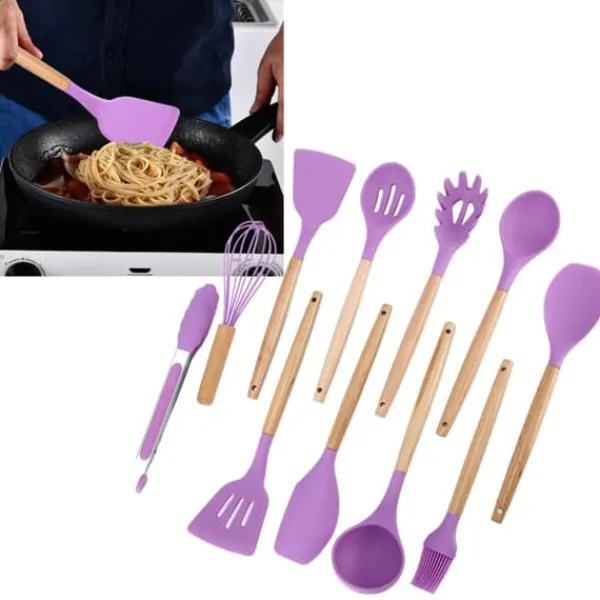 Køkkenudstyrssæt>12 stk. husholdnings silikone køkkenredskabssæt nonstick madlavningsspatel skeer værktøj lilla