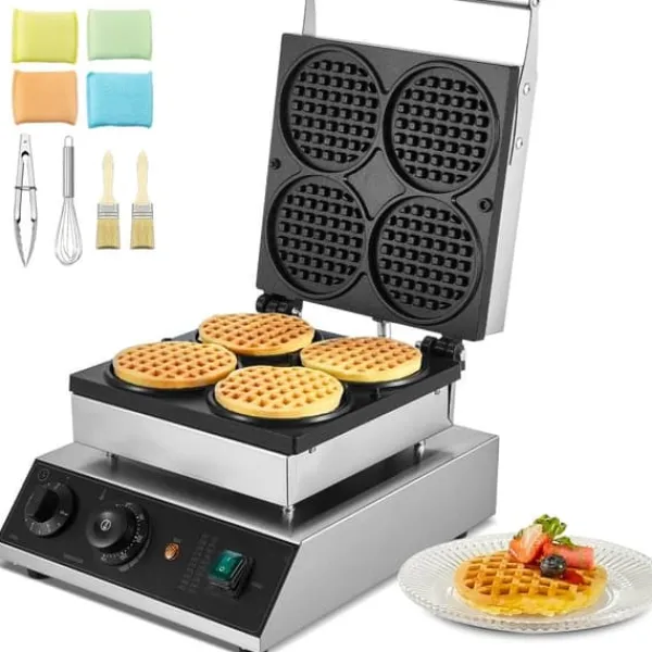 Vaffeljern>4 STK Kommerciel Rund Vaffelmaskine, 1750W Non-Stick, Hurtig Opvarmning, Perfekt til Caféer & Bagerier