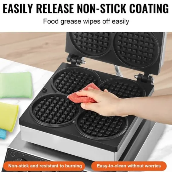 Vaffeljern>4 STK Kommerciel Rund Vaffelmaskine, 1750W Non-Stick, Hurtig Opvarmning, Perfekt til Caféer & Bagerier
