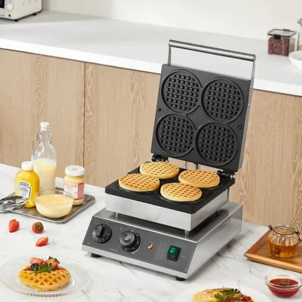 Vaffeljern>4 STK Kommerciel Rund Vaffelmaskine, 1750W Non-Stick, Hurtig Opvarmning, Perfekt til Caféer & Bagerier