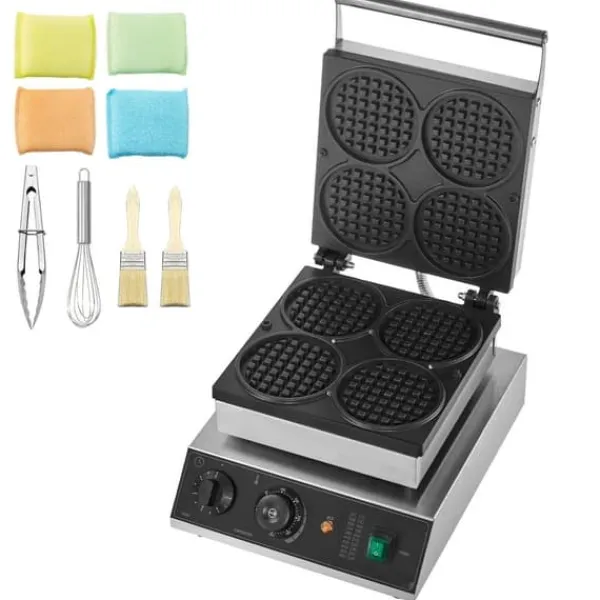 Vaffeljern>4 STK Kommerciel Rund Vaffelmaskine, 1750W Non-Stick, Hurtig Opvarmning, Perfekt til Caféer & Bagerier