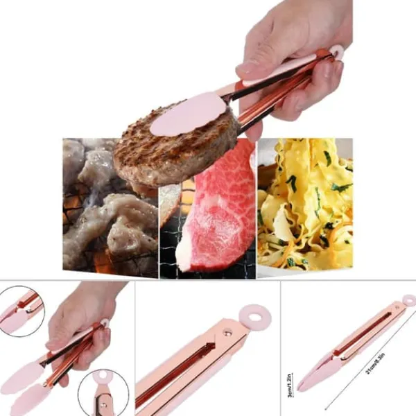 1 stk. rustfri stål grilltang non-stick kødklemme med ophængningshul (lyserød) Sale
