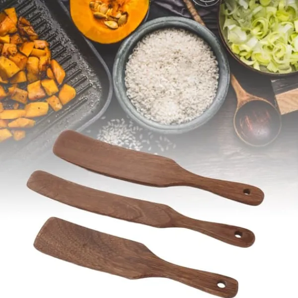 Stegepaletter>3 stk. træspatel med bredt skovlhoved, skridsikker teak-drejespatel til bøf, pizza, mælkesalat