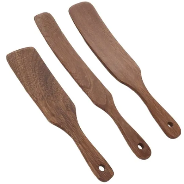 Stegepaletter>3 stk. træspatel med bredt skovlhoved, skridsikker teak-drejespatel til bøf, pizza, mælkesalat