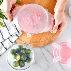 Skålelåg>6 stk./sæt silikone genanvendeligt strækbart låg til opbevaring af mad og frugt, til skål, køkkenartikler, pink