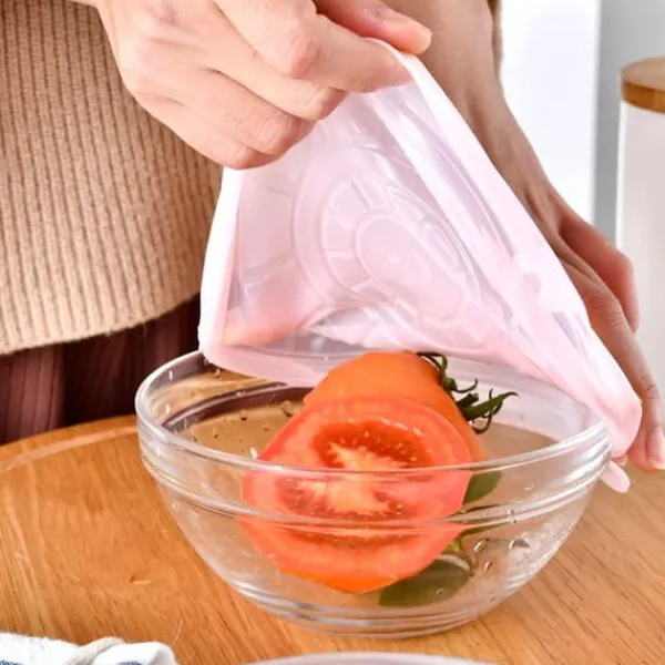 Skålelåg>6 stk./sæt silikone genanvendeligt strækbart låg til opbevaring af mad og frugt, til skål, køkkenartikler, pink