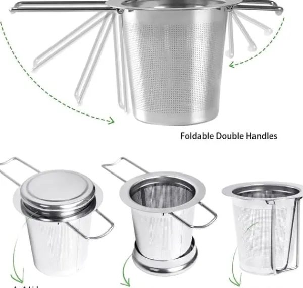 Tefiltre>1 tesi i rustfrit stål med foldbare dobbelthåndtag og låg, kan hænges på tekander, kopper, krus, til brygning af løs te og kaffe