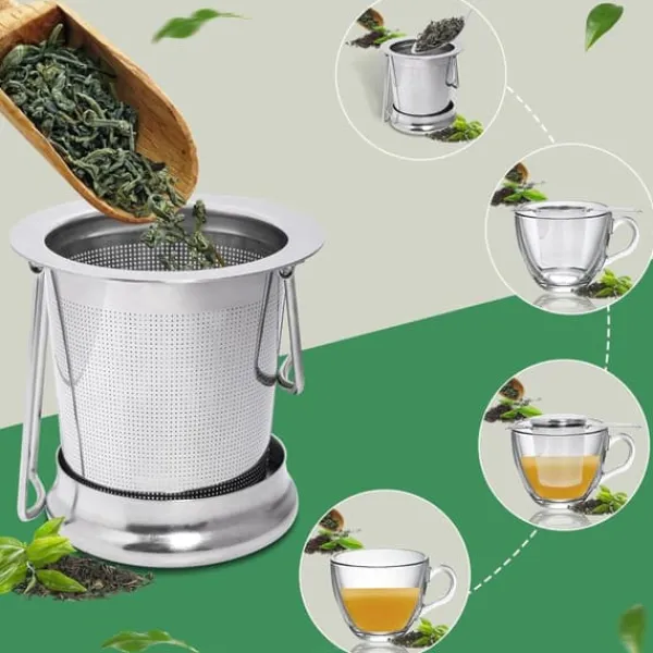 Tefiltre>1 tesi i rustfrit stål med foldbare dobbelthåndtag og låg, kan hænges på tekander, kopper, krus, til brygning af løs te og kaffe