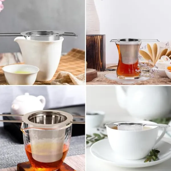 Tefiltre>1 tesi i rustfrit stål med foldbare dobbelthåndtag og låg, kan hænges på tekander, kopper, krus, til brygning af løs te og kaffe