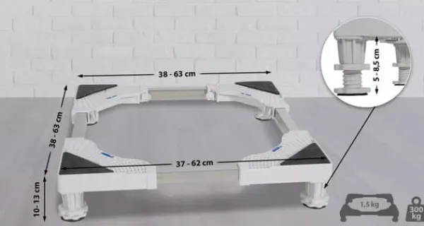Vaskemaskiner>Adjustable Washing Machine Base Stand with Wheels - White Plastic & Steel Tube Rack, 300KG Capacity - Universal Fit for Dryers, Refrigerators