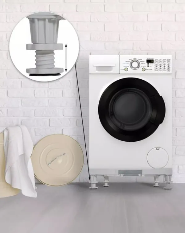 Vaskemaskiner>Adjustable Washing Machine Base Stand with Wheels - White Plastic & Steel Tube Rack, 300KG Capacity - Universal Fit for Dryers, Refrigerators