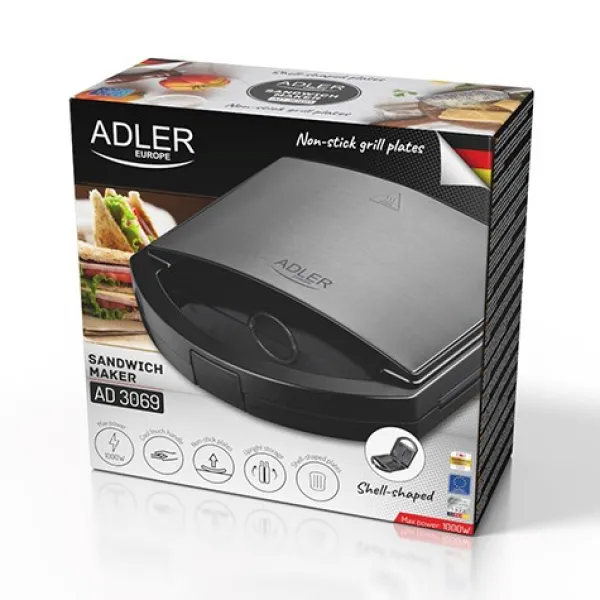 Brødristere, Raclettegrills Og Sandwichtoastere>Adler AD 3069 Sandwichtoaster Sort