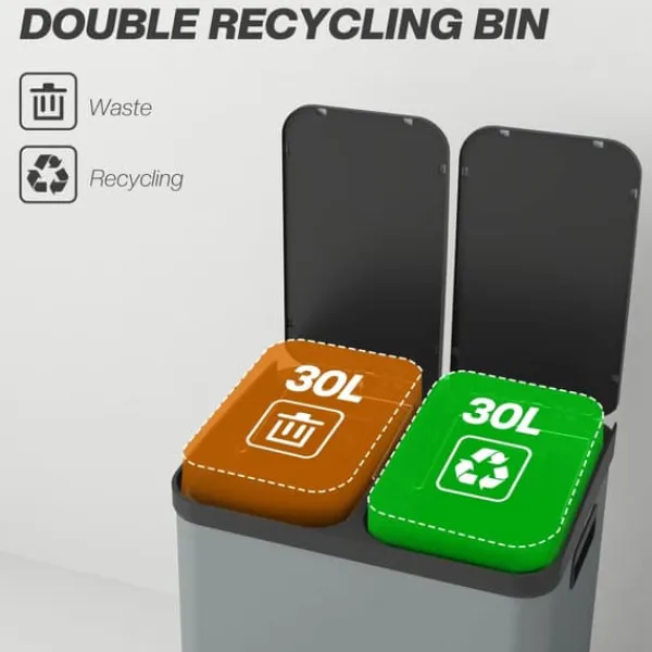 Skraldespande & Papirkurve>Affaldsspand - Pedalspand - Dobbeltkammer 2 x 30 l (60 l) - Låg og inderspande - Metal