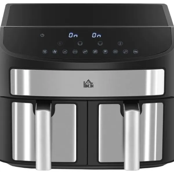 Airfryer 8 L med dobbeltkammer, 2400 W, 10 programmer, touchscreen, opskrifter, sort