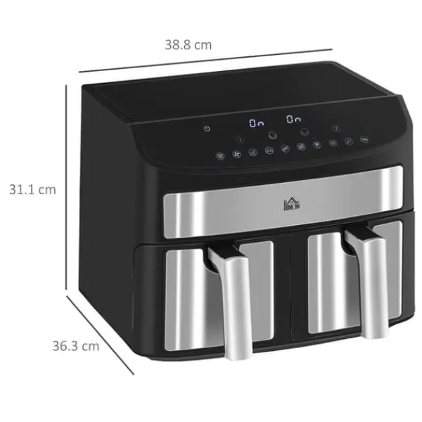 Airfryer 8 L med dobbeltkammer, 2400 W, 10 programmer, touchscreen, opskrifter, sort