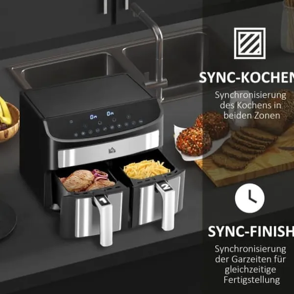Airfryer 8 L med dobbeltkammer, 2400 W, 10 programmer, touchscreen, opskrifter, sort