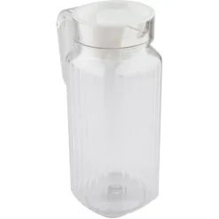 Glas>Akryl juicekande med låg - 800ml, transparent og stribet, perfekt til koldt vand eller juice i baren eller derhjemme