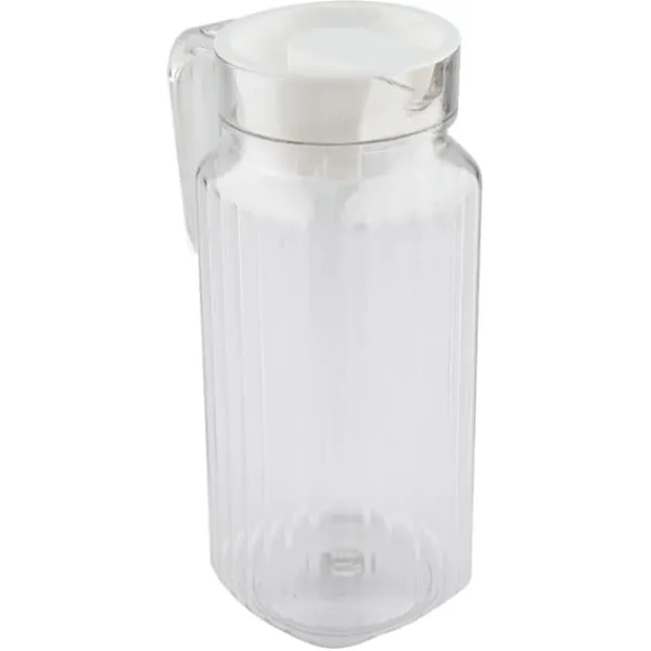 Glas>Akryl juicekande med låg - 800ml, transparent og stribet, perfekt til koldt vand eller juice i baren eller derhjemme