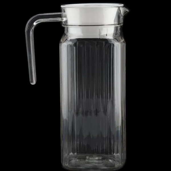 Glas>Akryl juicekande med låg - 800ml, transparent og stribet, perfekt til koldt vand eller juice i baren eller derhjemme