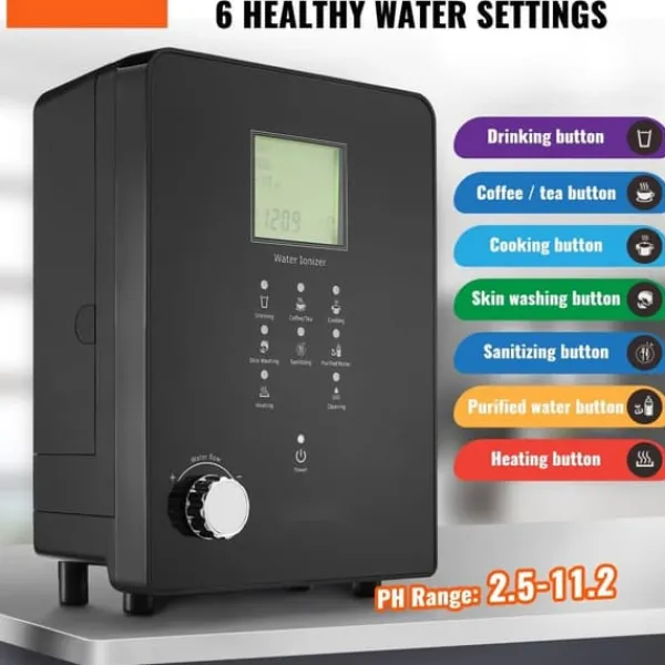 Vandfiltre>Alkalisk vandionisator, pH 3-11,2. Hydrogen vandrenser med 6 indstillinger, UV-funktion, op til -800 mV ORP, 9000L pr. filter.
