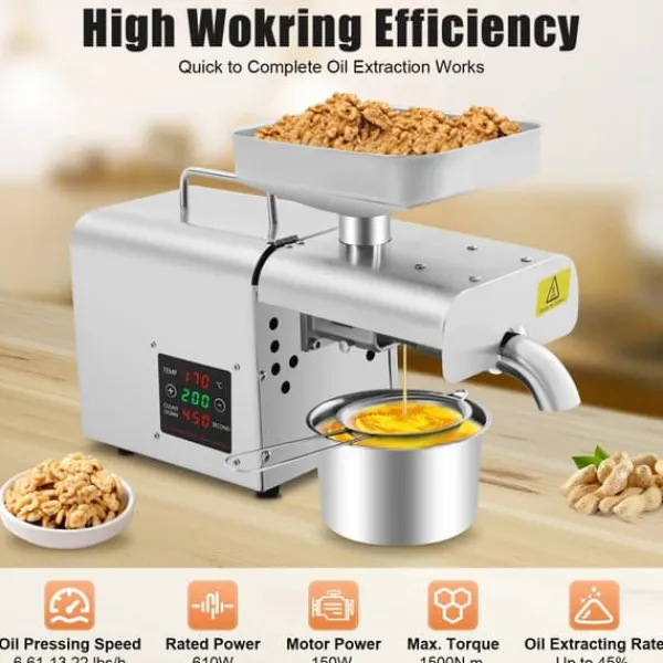 Juicepresser - Nyd Friskpresset Juice Derhjemme>Automatisk oliepresser til nødder og frø - Oliepressemaskine - 610W - 220V - 304 rustfrit stål - 50–250°C digital - 3–6 kg/t - Op til 45% udbytte