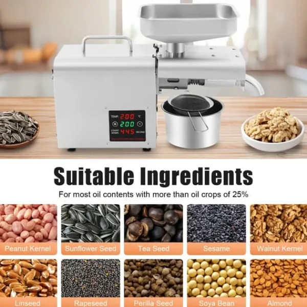 Juicepresser - Nyd Friskpresset Juice Derhjemme>Automatisk oliepresser til nødder og frø - Oliepressemaskine - 610W - 220V - 304 rustfrit stål - 50–250°C digital - 3–6 kg/t - Op til 45% udbytte