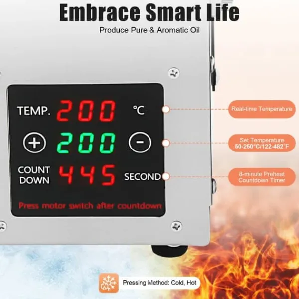 Juicepresser - Nyd Friskpresset Juice Derhjemme>Automatisk oliepresser til nødder og frø - Oliepressemaskine - 610W - 220V - 304 rustfrit stål - 50–250°C digital - 3–6 kg/t - Op til 45% udbytte