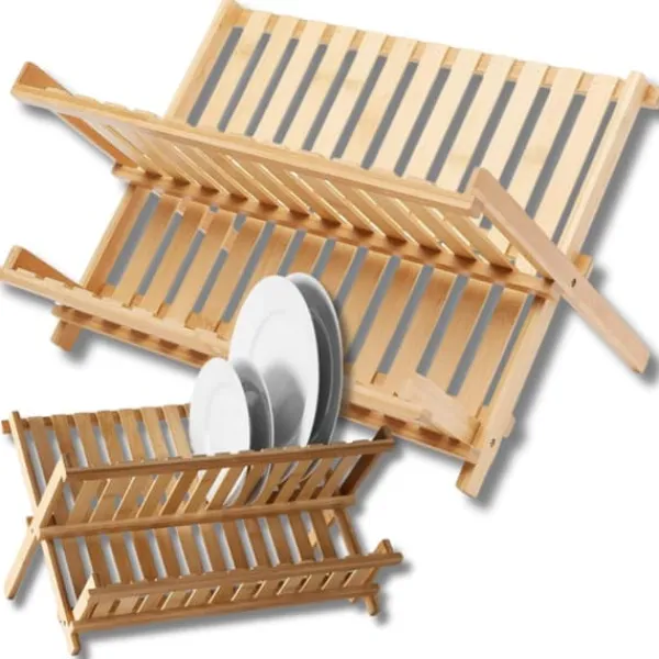 Opvaskestativer & Tørrestativer>Bambus opvaskestativ, to niveauer, foldbart, træ