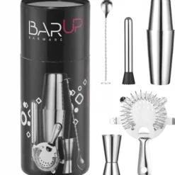 Barudstyrssæt>Bartendersæt i et rør, shaker, jigger, si, muddler, ske - sølv