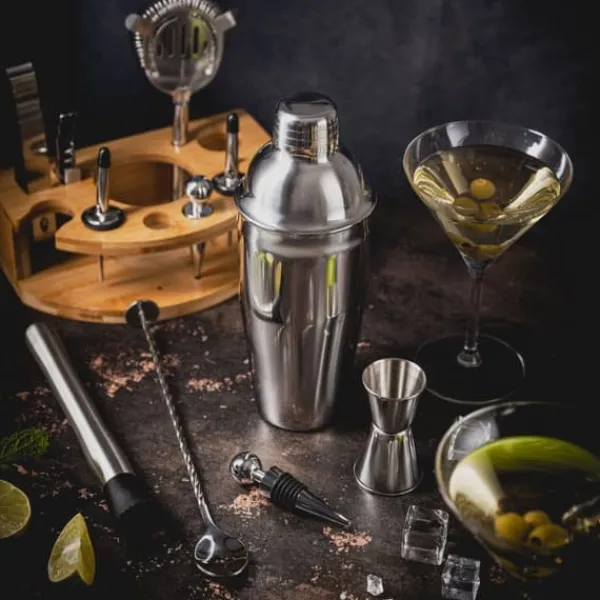 Barudstyrssæt>Bartendersæt til cocktails, 12 dele, sølvshaker, KLAUSBERG KB-7655