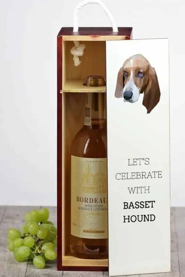 Vinflaskeholdere>Basset Hound - en geometrisk æske med et foto og en inskription til Art-Dog vin