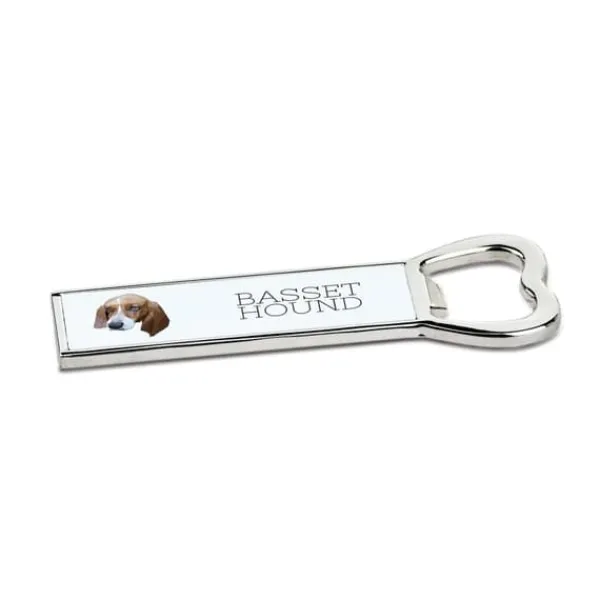 Basset Hound - flaskeåbner med foto og inskription til Art-Dog øl Discount