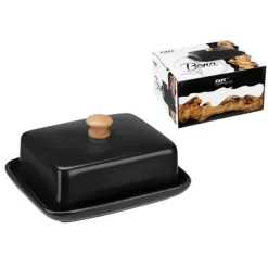 Serveringsfad & Skåle>BONA smørskål af porcelæn, smørbeholder, mat sort, bambushåndtag