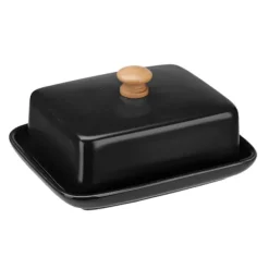 Serveringsfad & Skåle>BONA smørskål af porcelæn, smørbeholder, mat sort, bambushåndtag