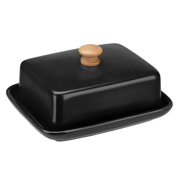Serveringsfad & Skåle>BONA smørskål af porcelæn, smørbeholder, mat sort, bambushåndtag