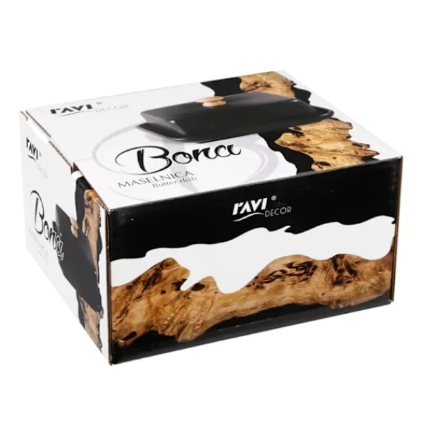 Serveringsfad & Skåle>BONA smørskål af porcelæn, smørbeholder, mat sort, bambushåndtag