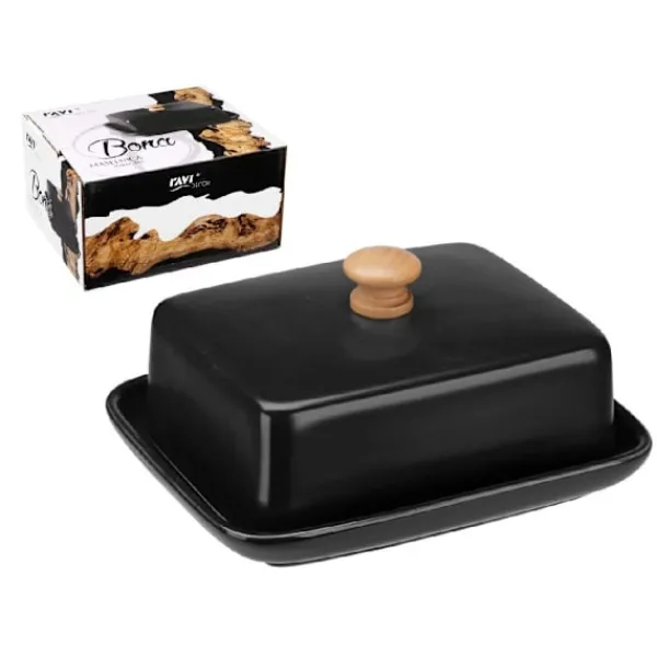 Serveringsfad & Skåle>BONA smørskål af porcelæn, smørbeholder, mat sort, bambushåndtag