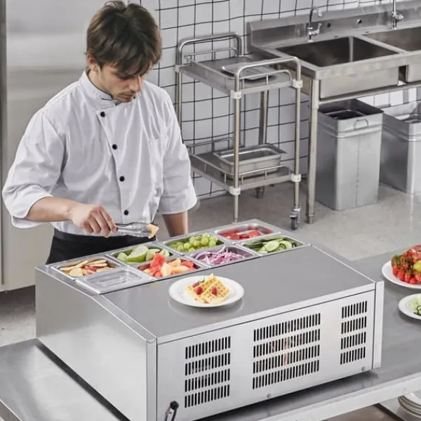 Madopvarmere>Bordplade Kølesalat Pizza Prep Station, 145 W, Rustfrit Stål, CE-godkendt, Effektiv Opbevaring