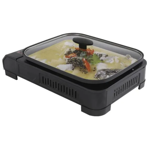 Bærbar gasgrill og campingkomfur - Butan - 2,1 kW - Piezo-tænding - Grillpande med låg 37×30×3,5 cm - Butan gasdåse ikke inkluderet - Sort Hot