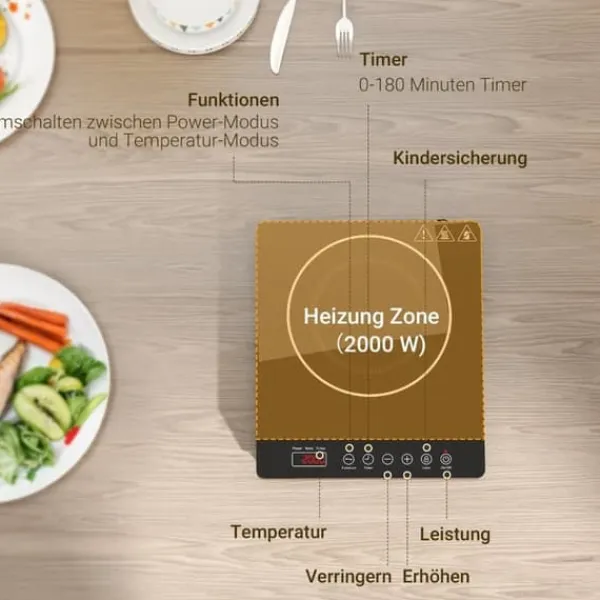 Kogeplader>Bærbar induktionskogeplade, 1 zone – 2000 W, 10 effekt-/temperaturindstillinger, timer, børnesikring, sort