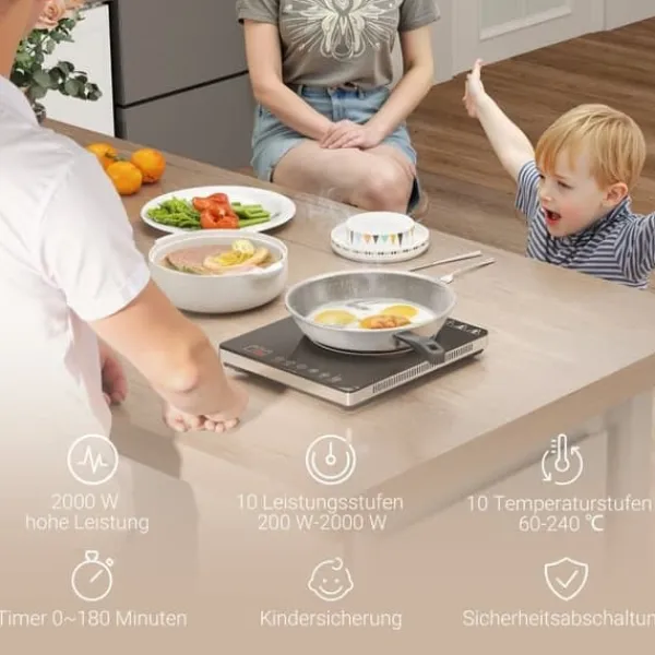 Bærbar induktionskogeplade, 1 zone – 2000 W, 10 effekt-/temperaturindstillinger, timer, børnesikring, sort Discount
