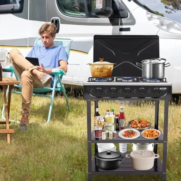 Bærbart Campingkomfur - Multibrændselskomfur - 5 Brændere - 2 Sideborde - Vindskærm - Uden Tænding - Sort