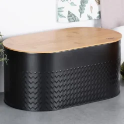 Brødkasse i stål med træplade, sort, 34x18,5x15,5 cm Sale